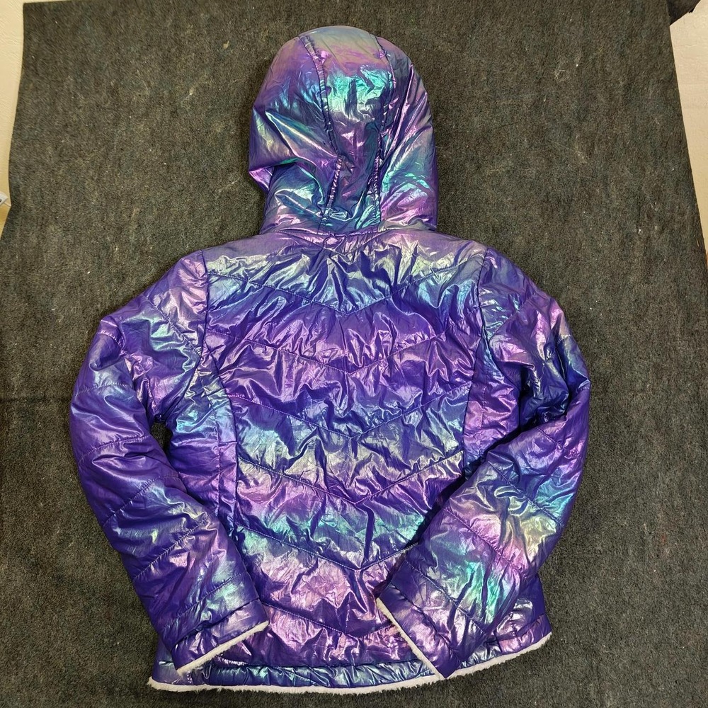 SO Girls Iridescent Puffer Jacket Purple Blue Metallic Hooded Coat Size 14/16 - Picture 2 of 5
